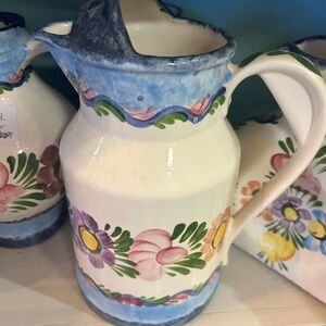 Floral Ceramic Pitcher with Blue Accents